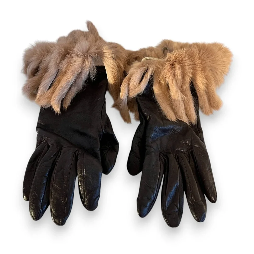 Portolano Brown Italian Leather Gloves Fur Cuff Cashmere Lined Women's Size 6.5